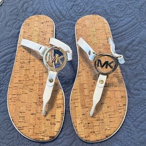 Michael Kors White Leather MK Logo Cork-Style Thong Sandals